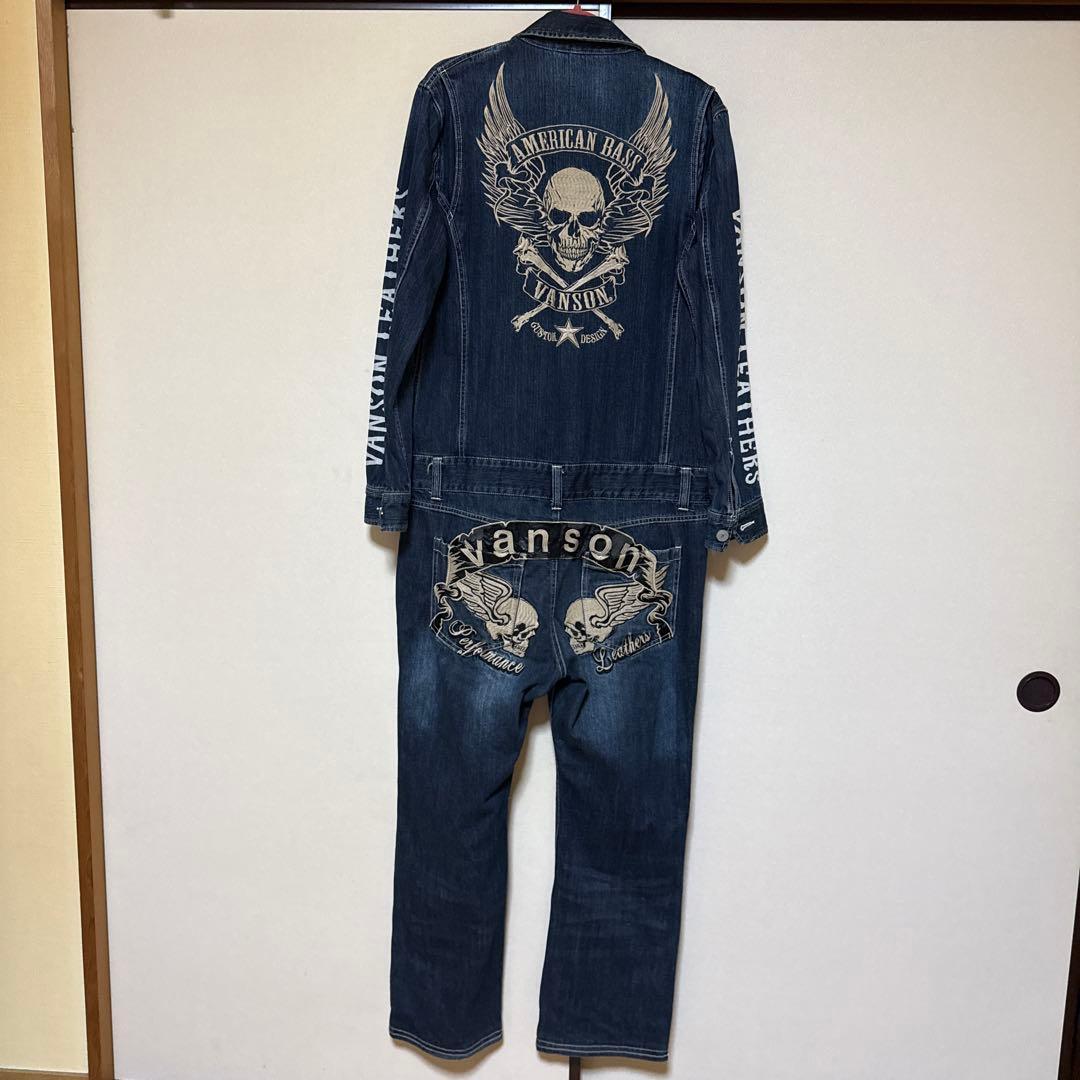 vanson デニムオーバーオール スカルプリント