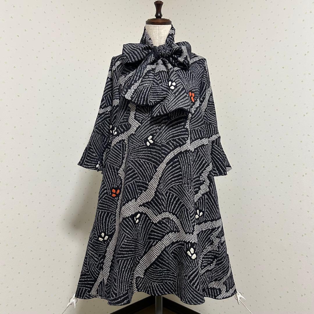 着物リメイク　新品正絹総絞りベルスリーブハート型ネックワンピ＊スヌード