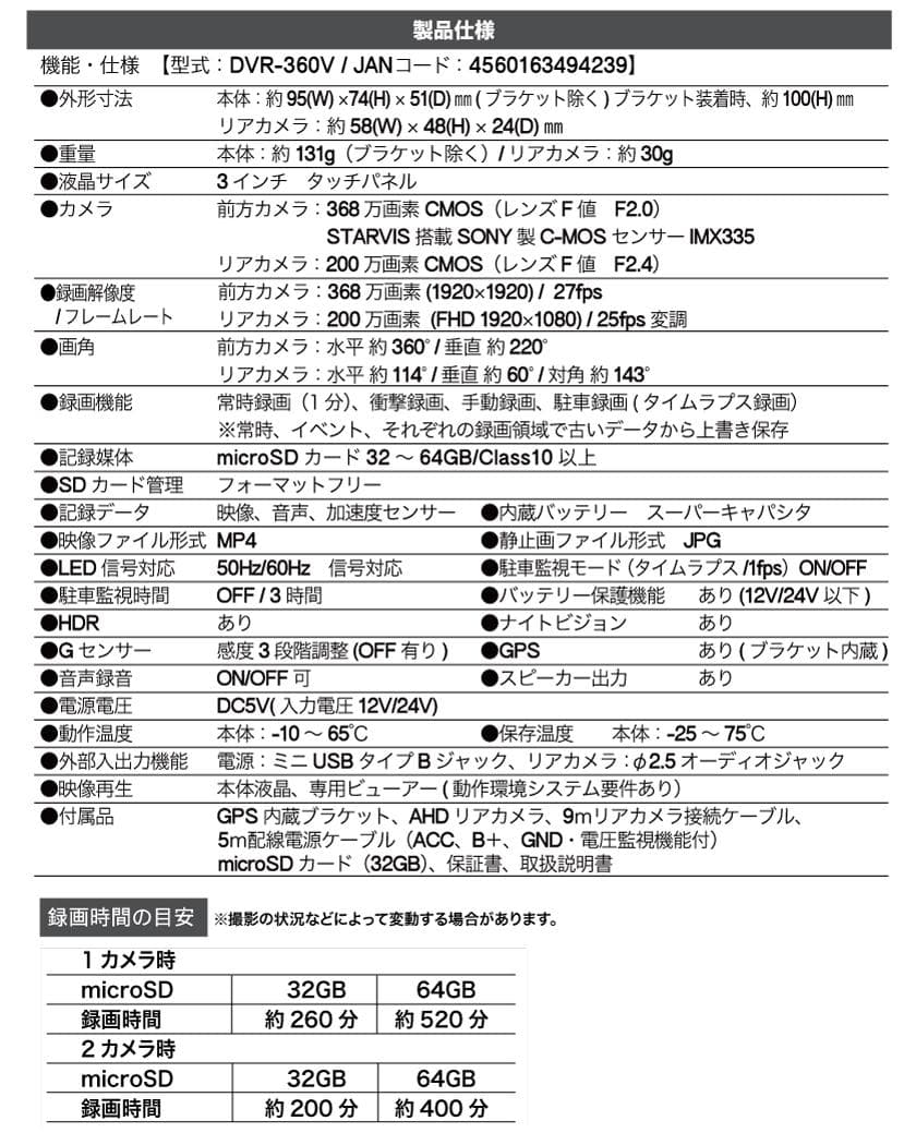 【新品】WATEX 360°ドライブレコーダー DVR-360V