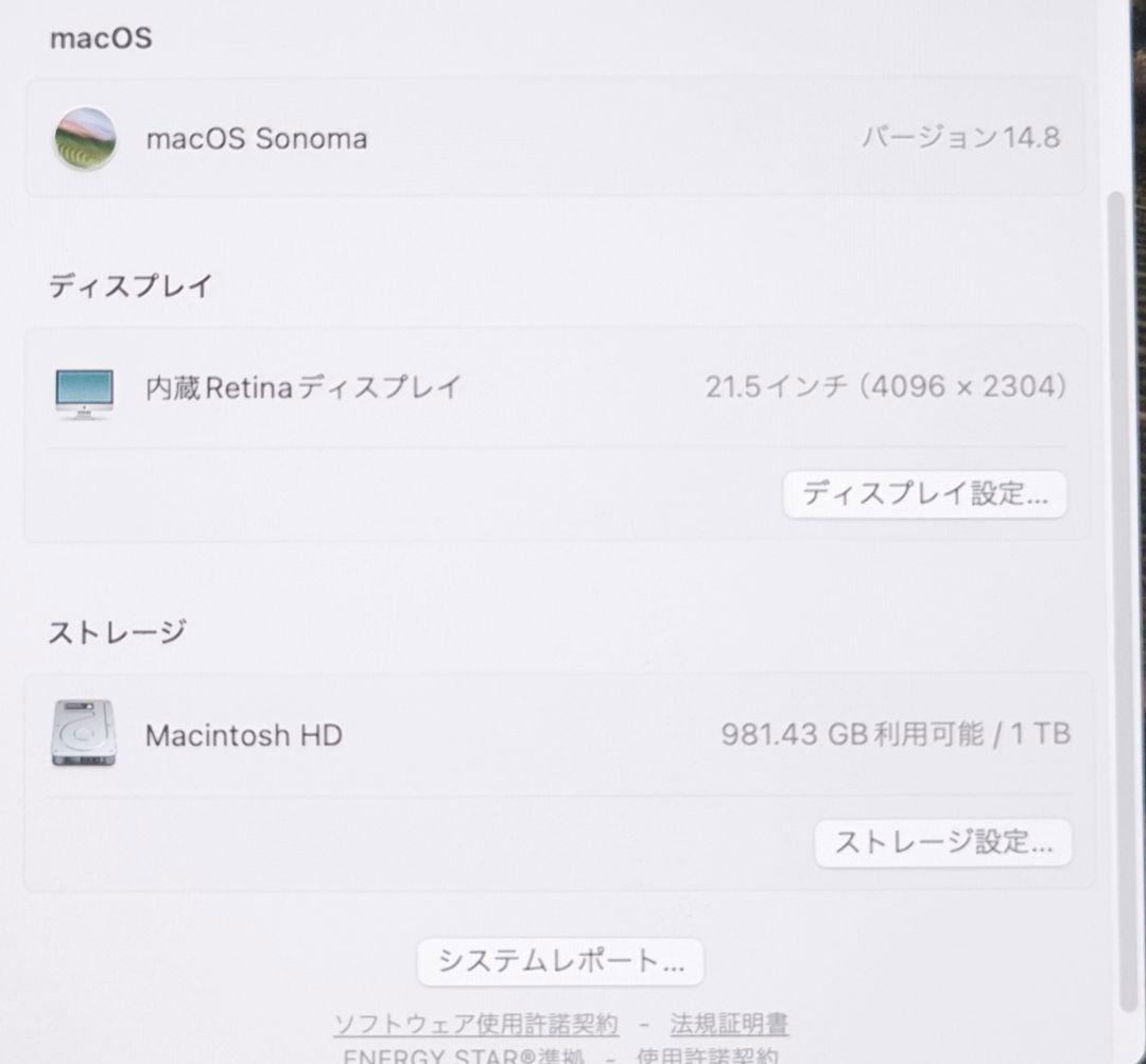 iMac 2019 21.5 メモリ32GB SSD1TB