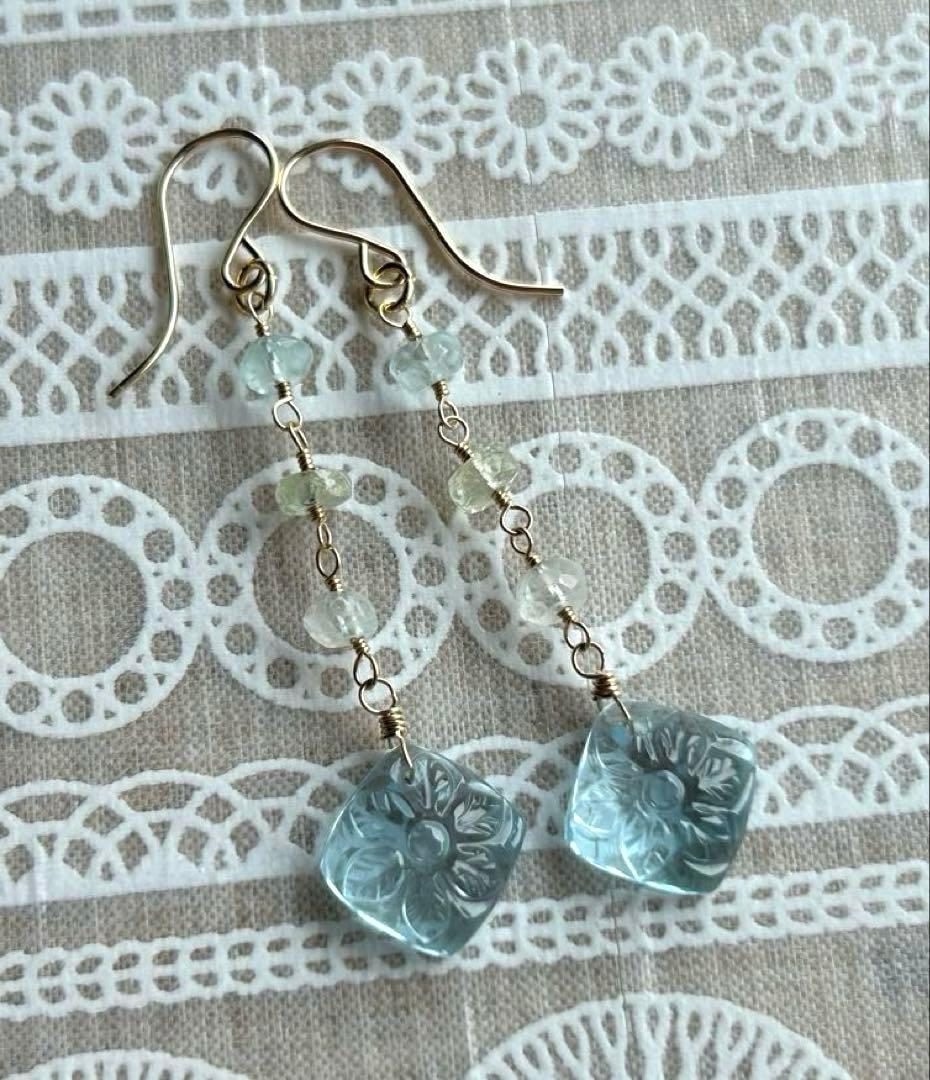 専用❣️宝石質ブルートパーズ　ルースカービング＆ベリルのピアス他　14kgf