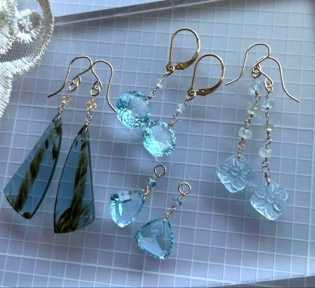 専用❣️宝石質ブルートパーズ　ルースカービング＆ベリルのピアス他　14kgf