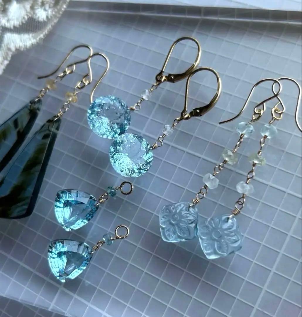 専用❣️宝石質ブルートパーズ　ルースカービング＆ベリルのピアス他　14kgf