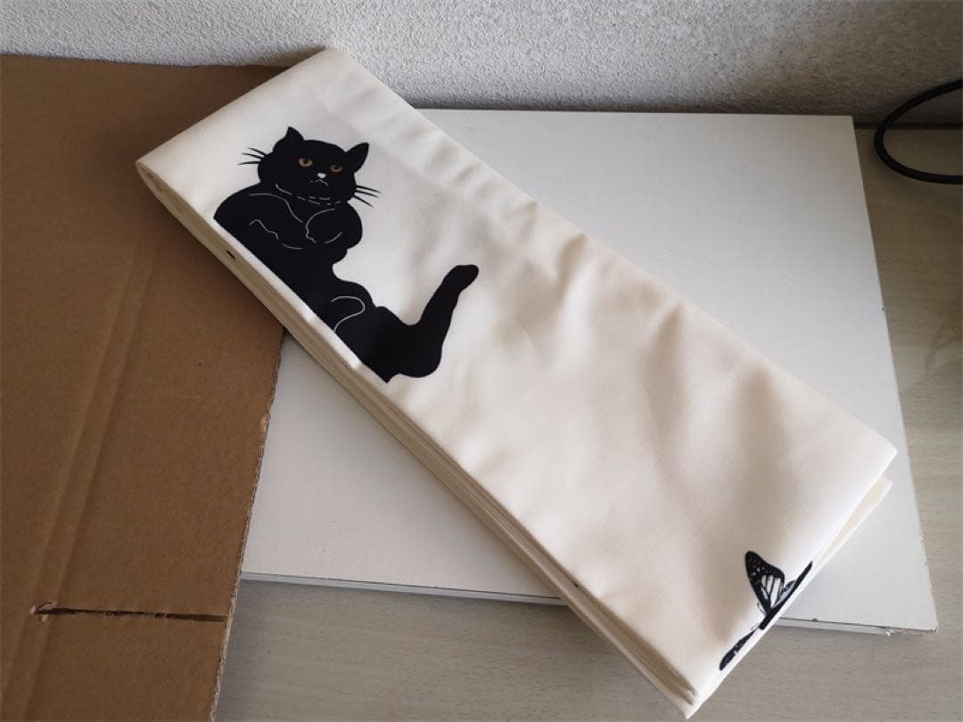 猫柄 半幅帯 白