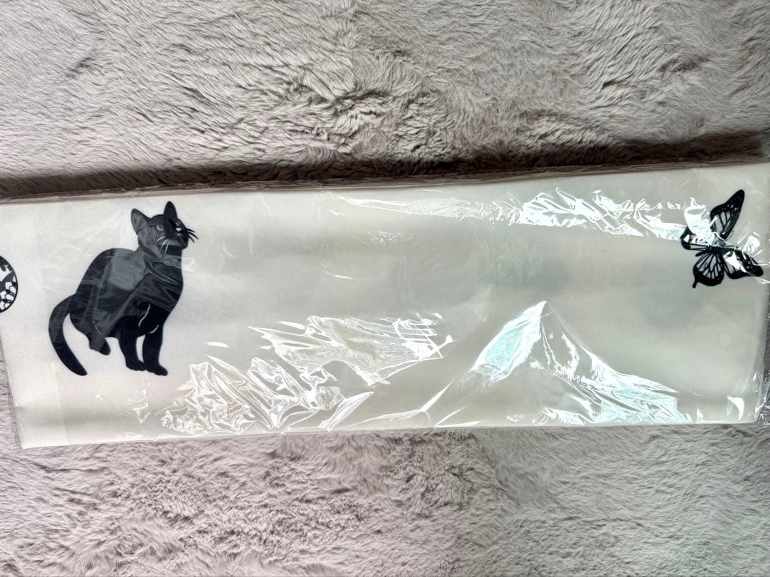 猫柄 半幅帯 白