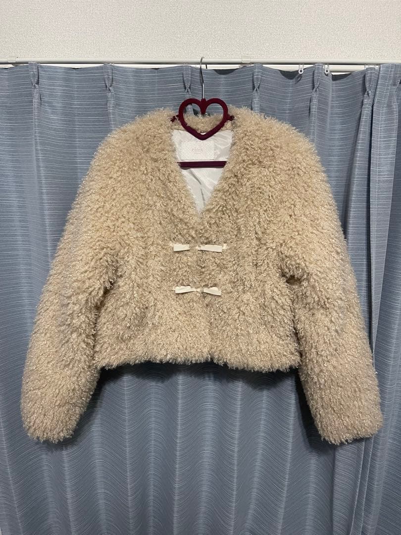 eimy フレンチプードルファー リボンジャケット　ピンクベージュ