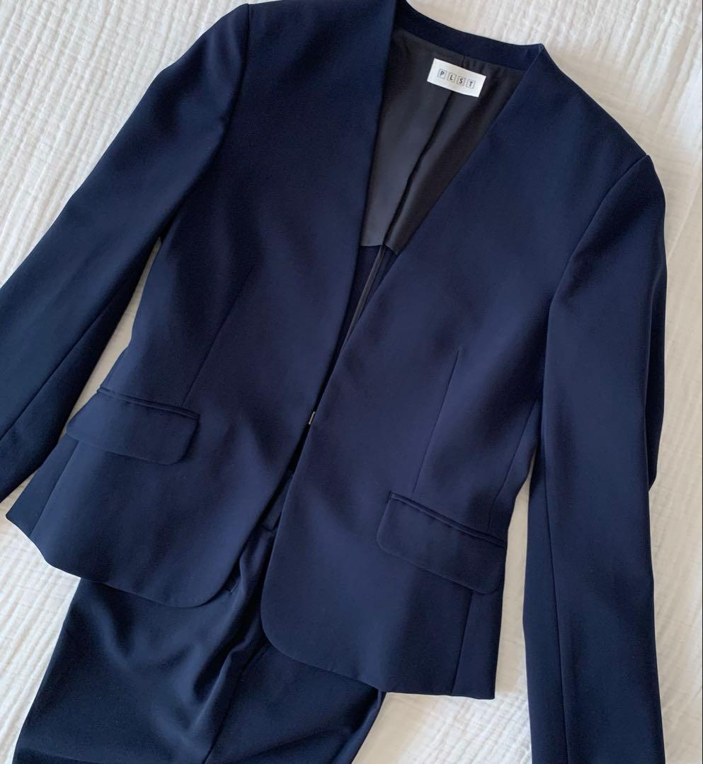 美品　PLST プラステ　ノーカラー　ストレッチスーツ　春夏　セットアップ　S