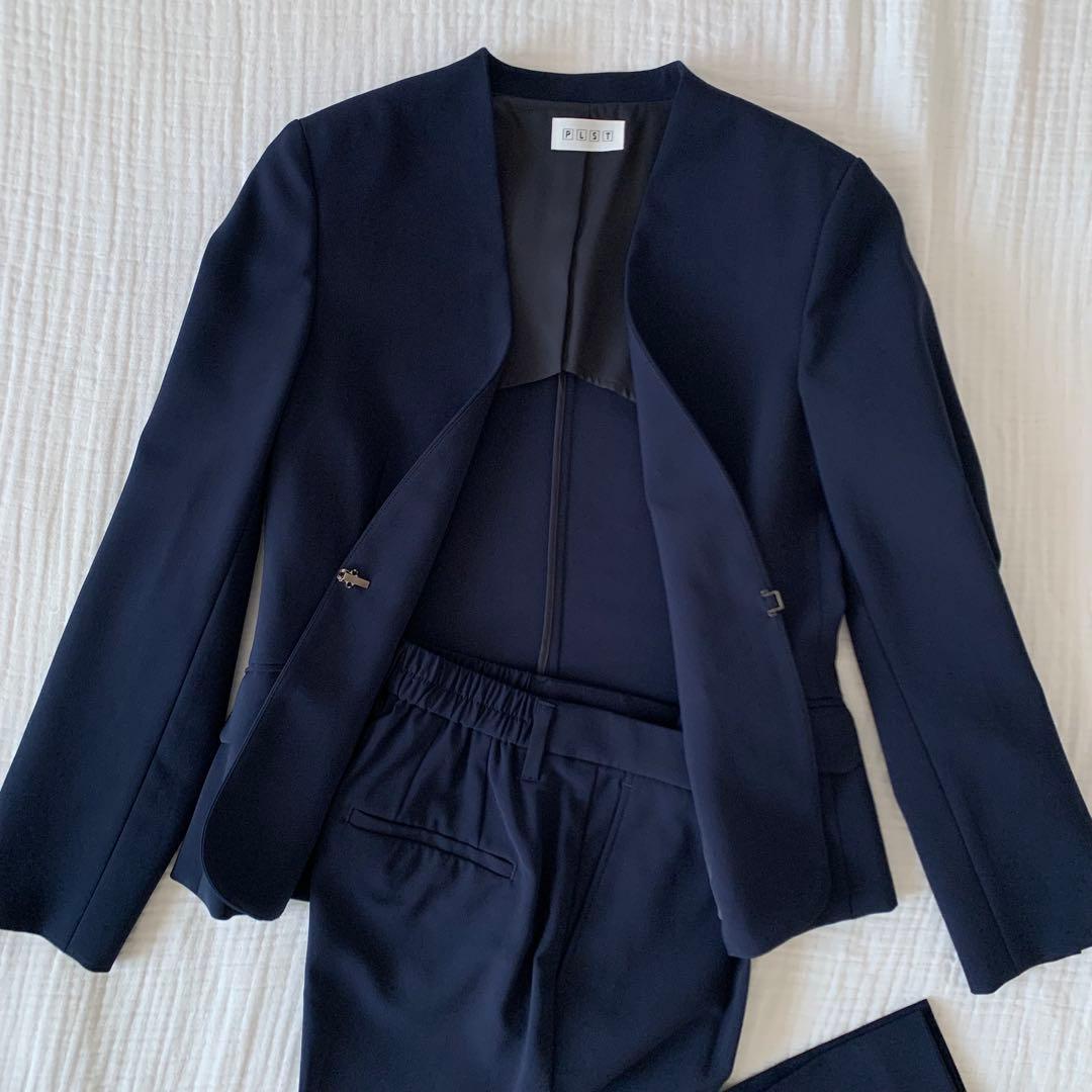 美品　PLST プラステ　ノーカラー　ストレッチスーツ　春夏　セットアップ　S
