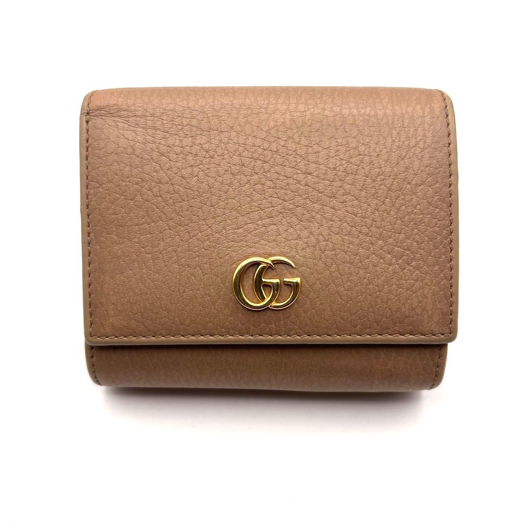 グッチ 折り財布 マーモント GG ロゴ 金具 ファスナー レザー ベージュ