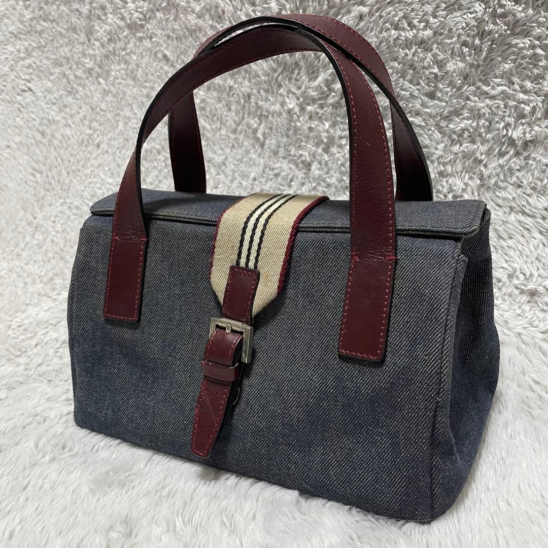 バーバリー　ハンドバッグ　デニム生地　キャンバス　レザー　シルバー金具