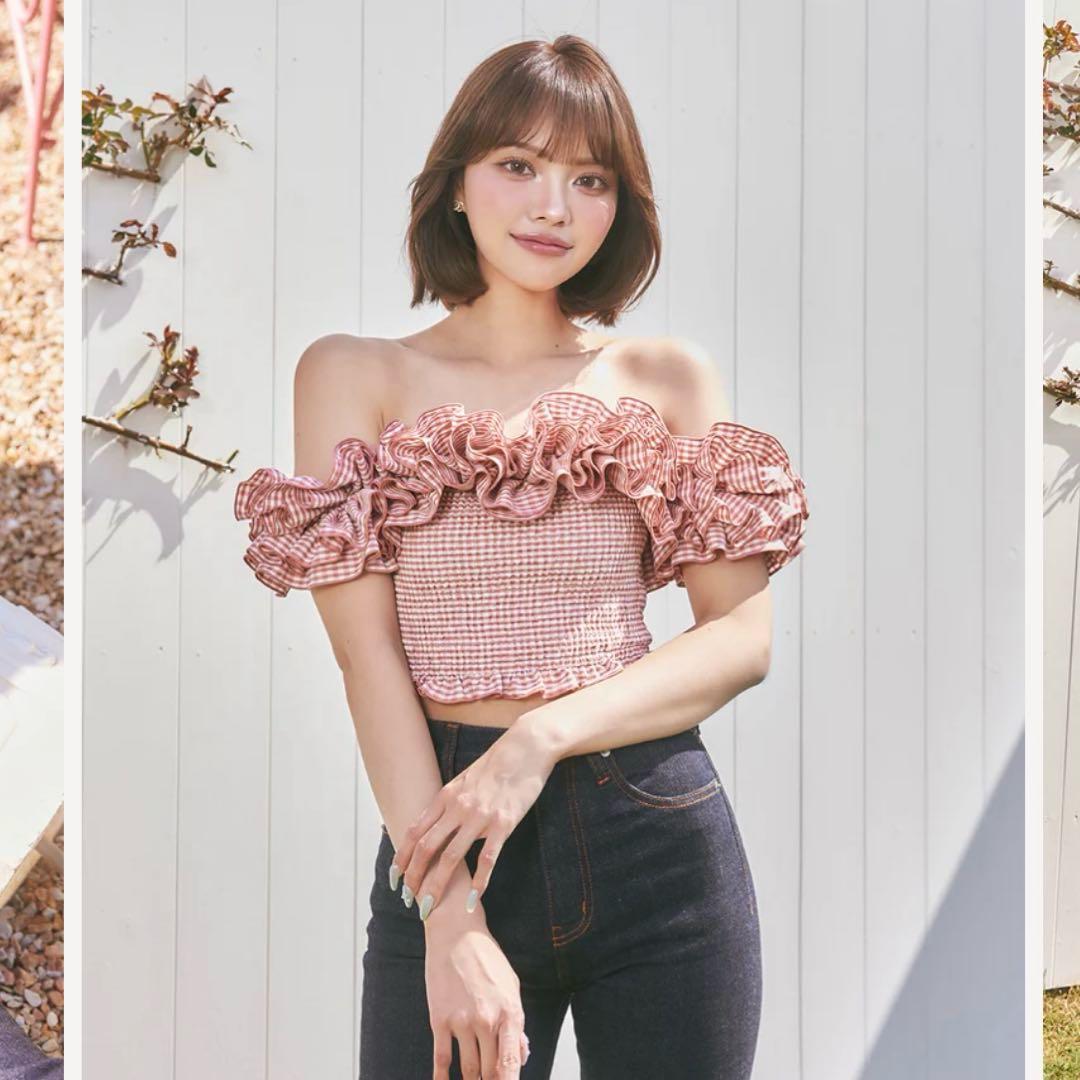 【新品タグ付き 】ダーリッチ ギンガムチェックオフショルトップス レッド