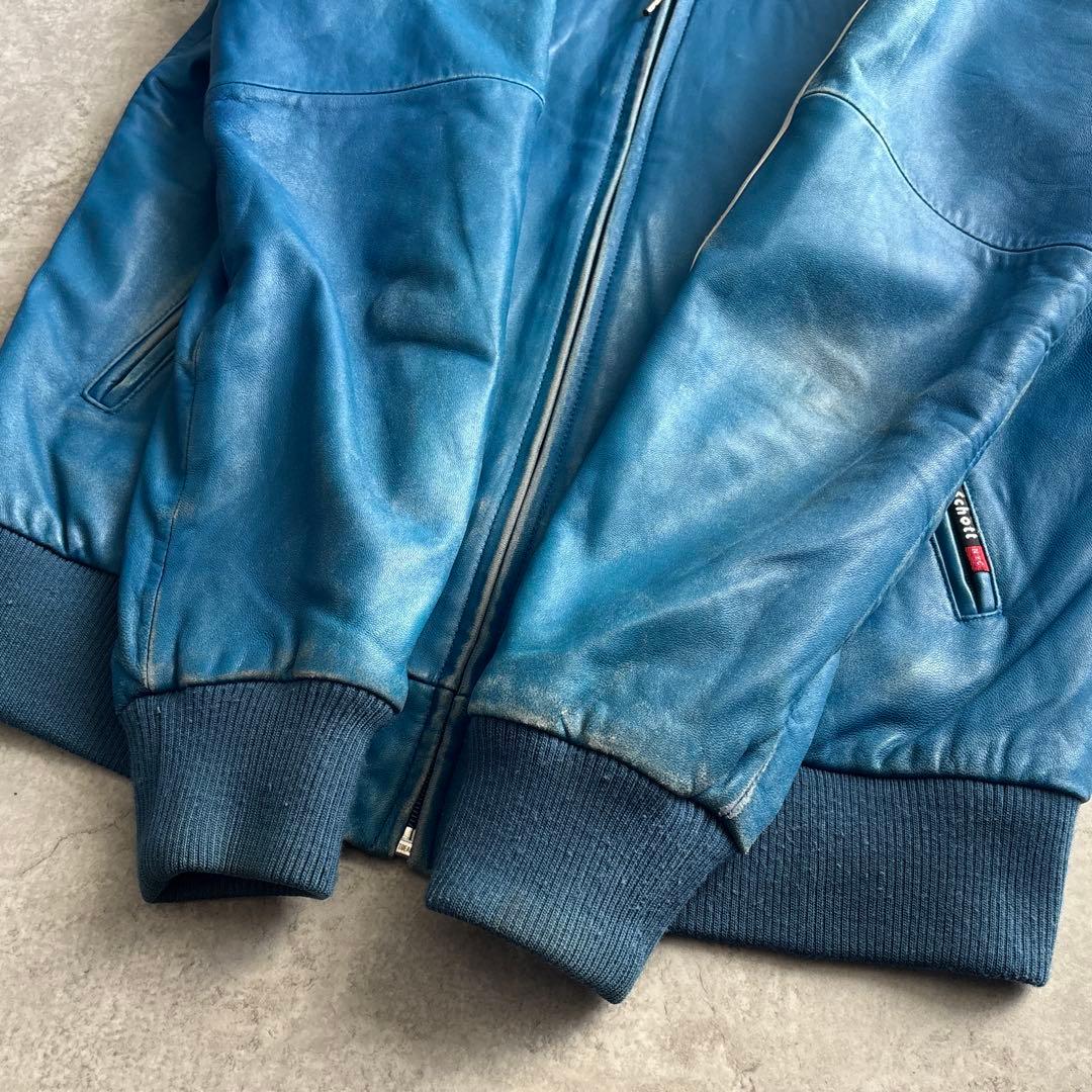 schott ショット【L】ラムレザー ジップパーカー レザージャケット ブルー
