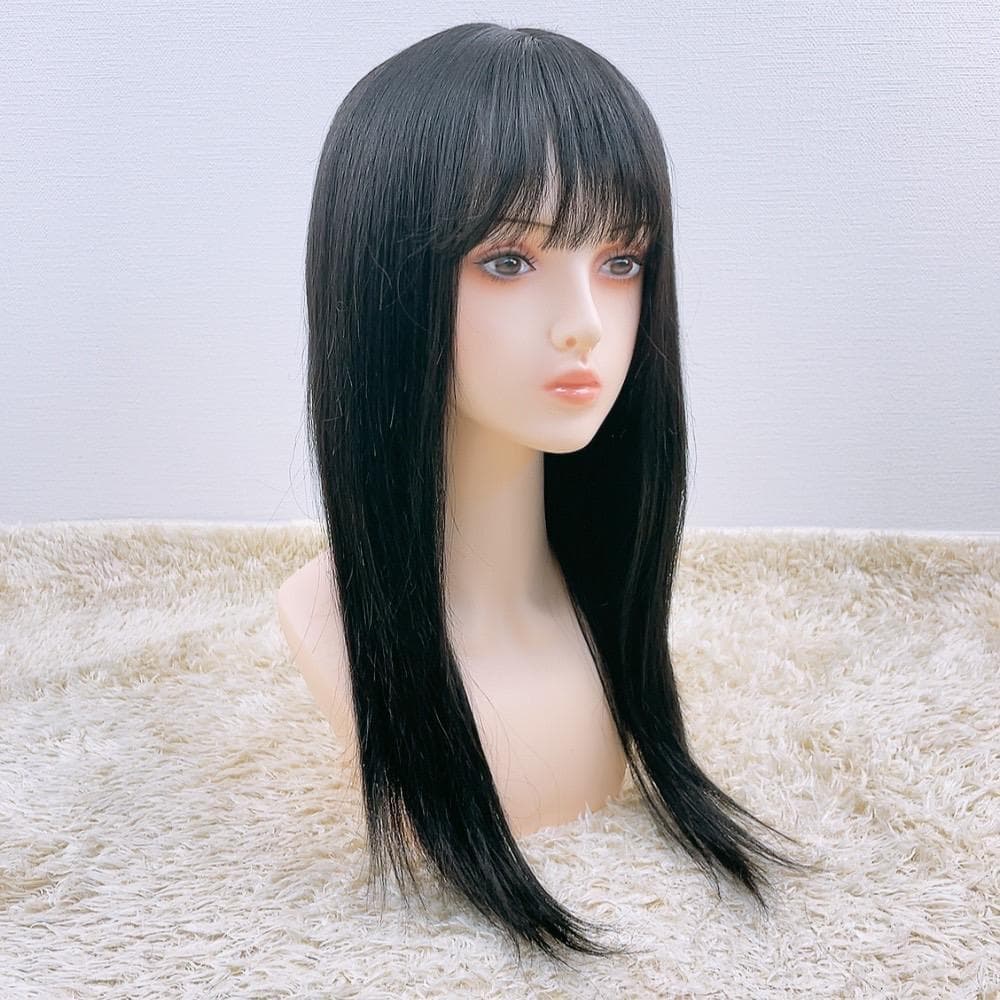 人毛100% フルウィッグ 医療用 ロング ストレート ブラック 黒髪 60cm