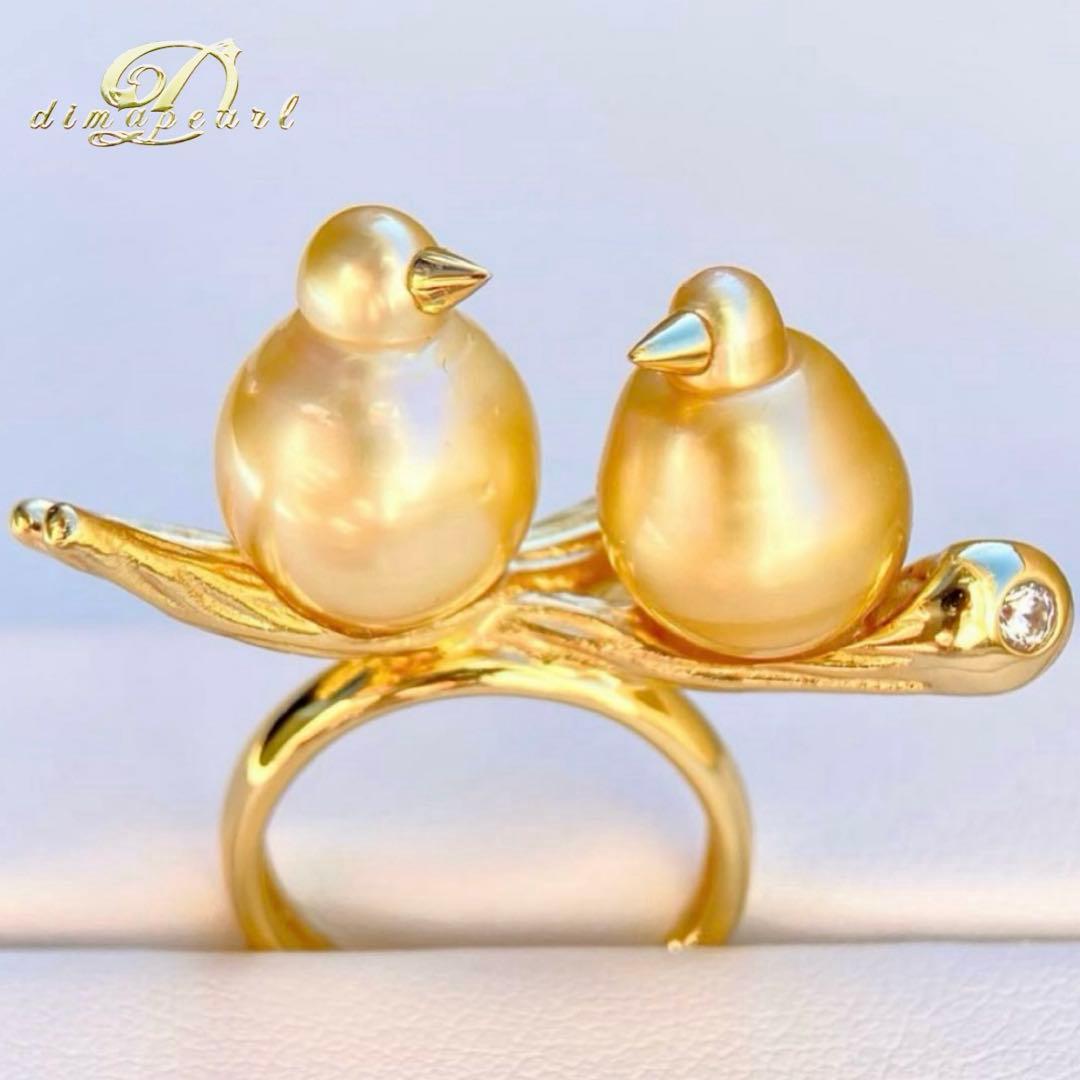 本真珠南洋白蝶真珠ゴールド&濃金s925「鳥と枝」リングY1005