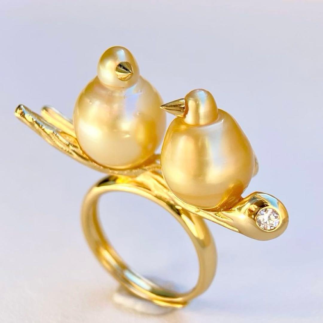 本真珠南洋白蝶真珠ゴールド&濃金s925「鳥と枝」リングY1005