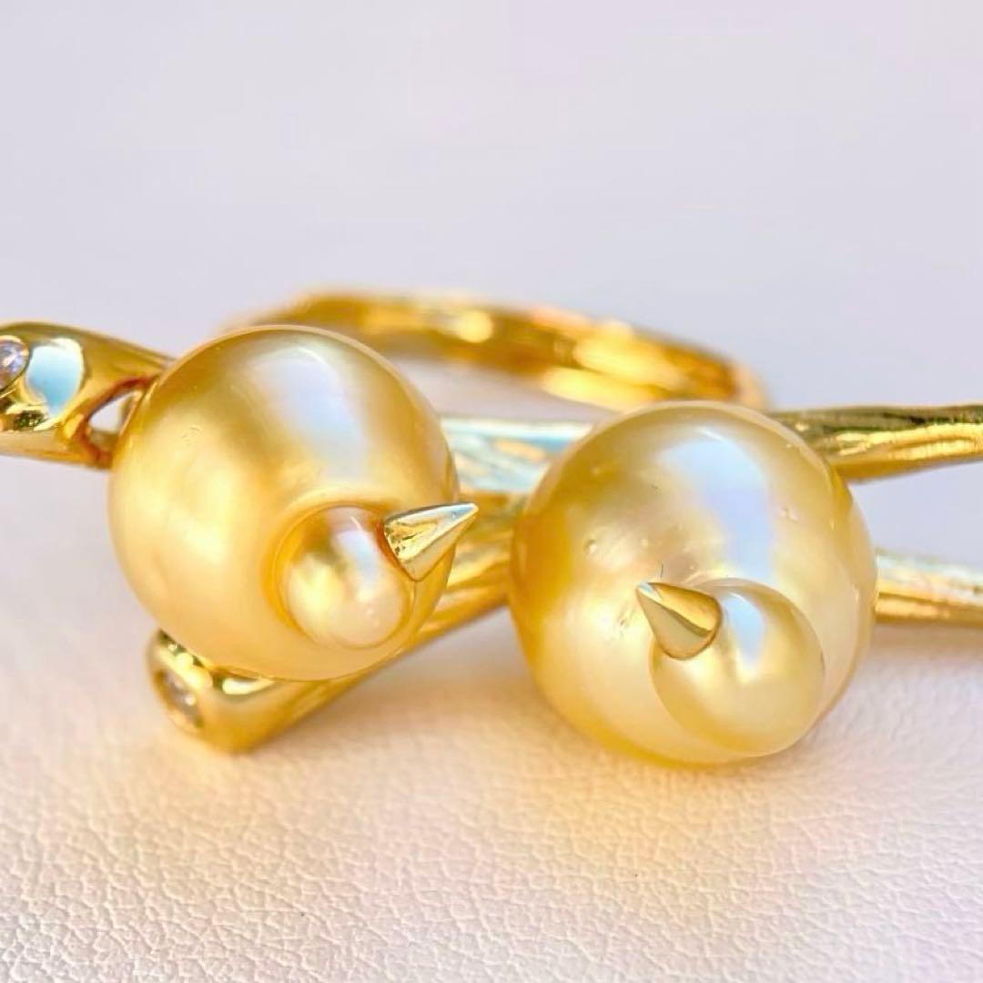 本真珠南洋白蝶真珠ゴールド&濃金s925「鳥と枝」リングY1005