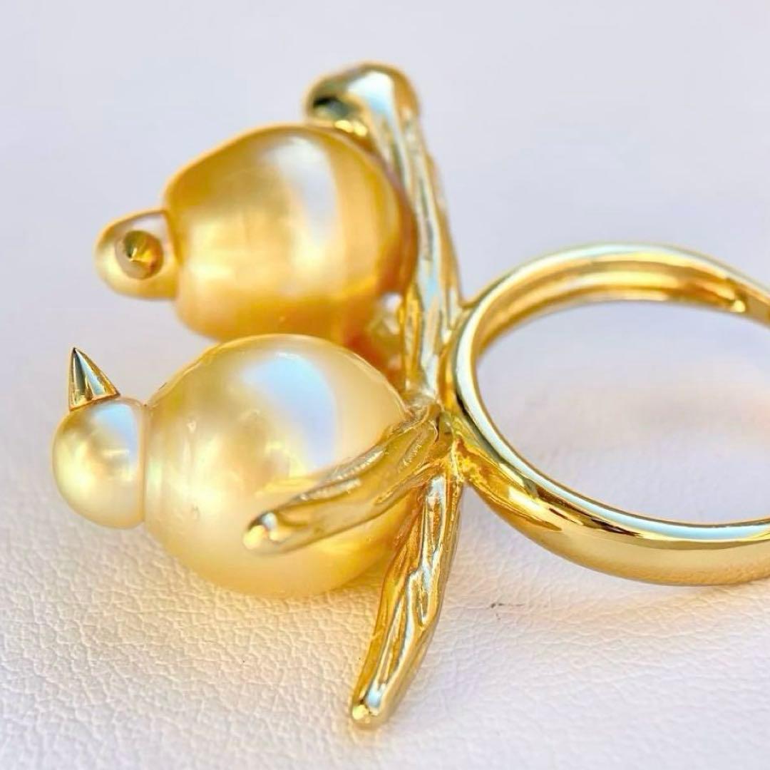 本真珠南洋白蝶真珠ゴールド&濃金s925「鳥と枝」リングY1005