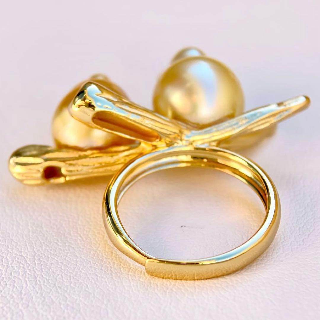 本真珠南洋白蝶真珠ゴールド&濃金s925「鳥と枝」リングY1005