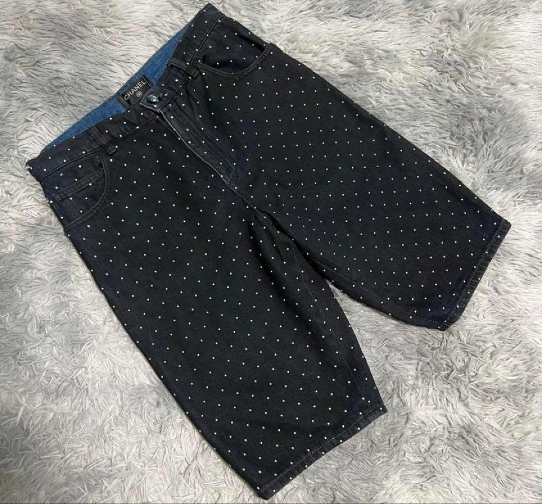 CHANEL ドット柄 ショートパンツ 黒 36 デニム生地