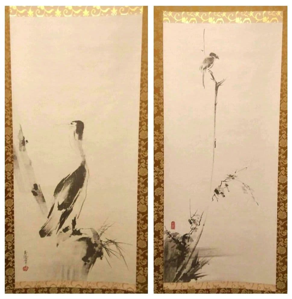 【未使用品】掛軸　宮本武蔵 筆　鵜図▪枯木鳴鵙図 2本セット　リトグラフ　限定品