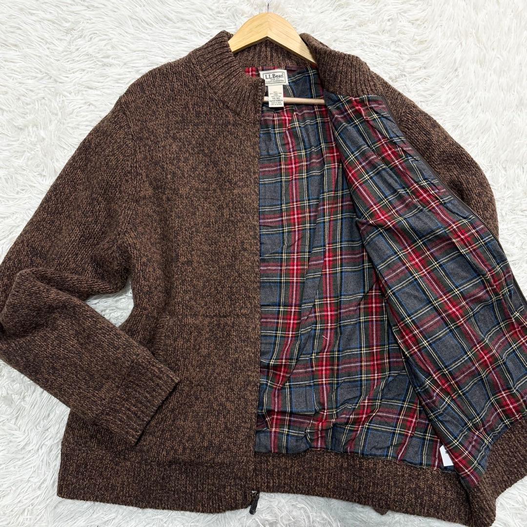 エルエルビーン ドライバーズニット ジャケット チェック総柄 XXL リブ 茶