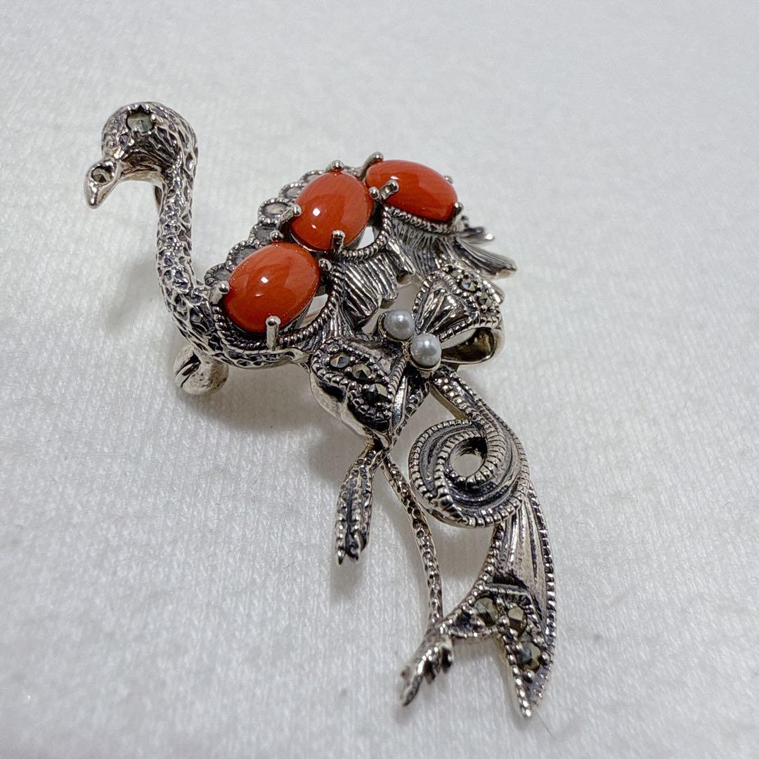 碌山 ロクザン SILVER925 珊瑚 コーラル フラミンゴ ブローチ