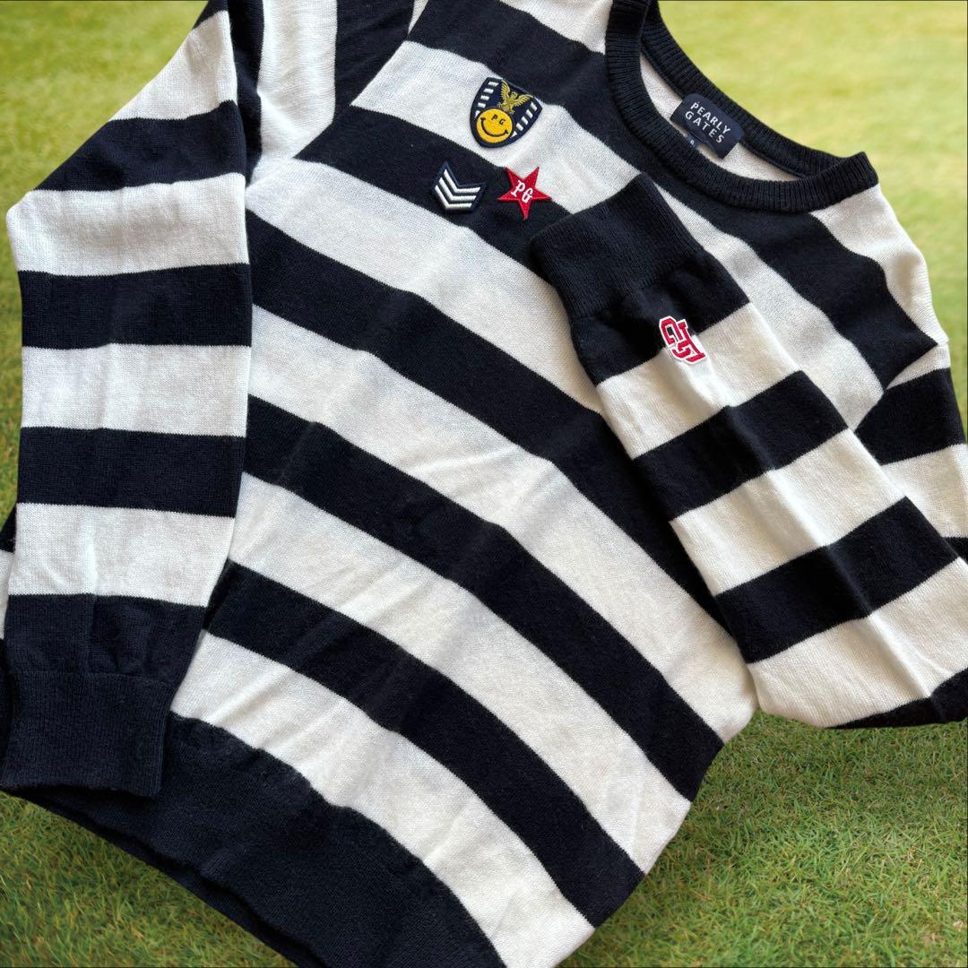 カシミヤ素材　パーリーゲイツ　ニット　XL〜XXL相当　白　紺　ボーダー　6