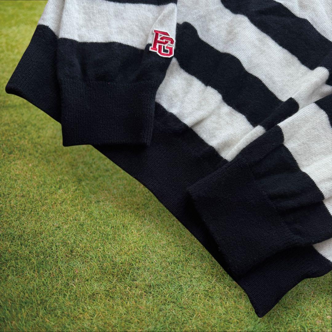 カシミヤ素材　パーリーゲイツ　ニット　XL〜XXL相当　白　紺　ボーダー　6