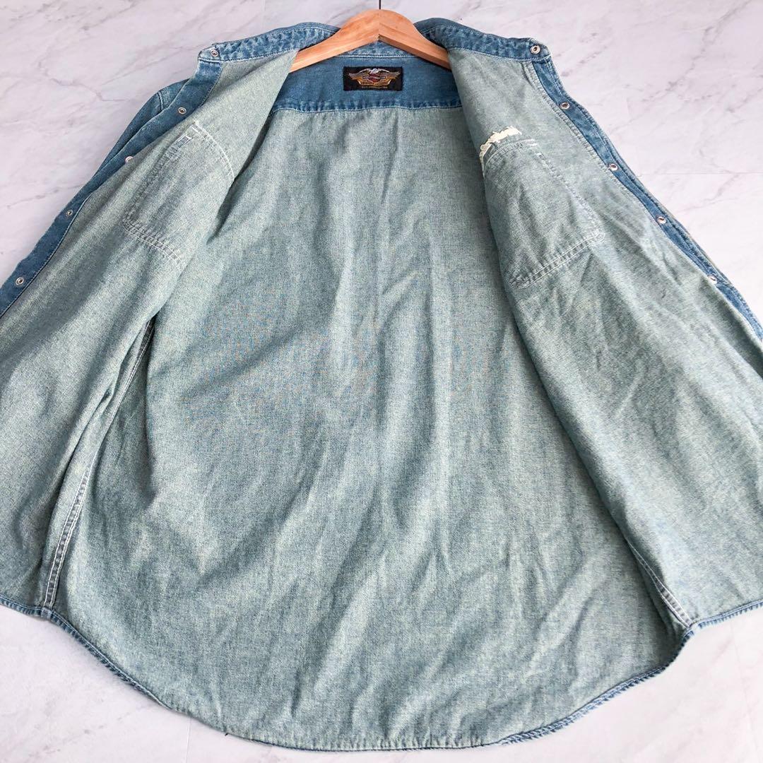 【美品】ハーレーダビットソン デニムシャツ ファイヤーパターン コンチョ LB