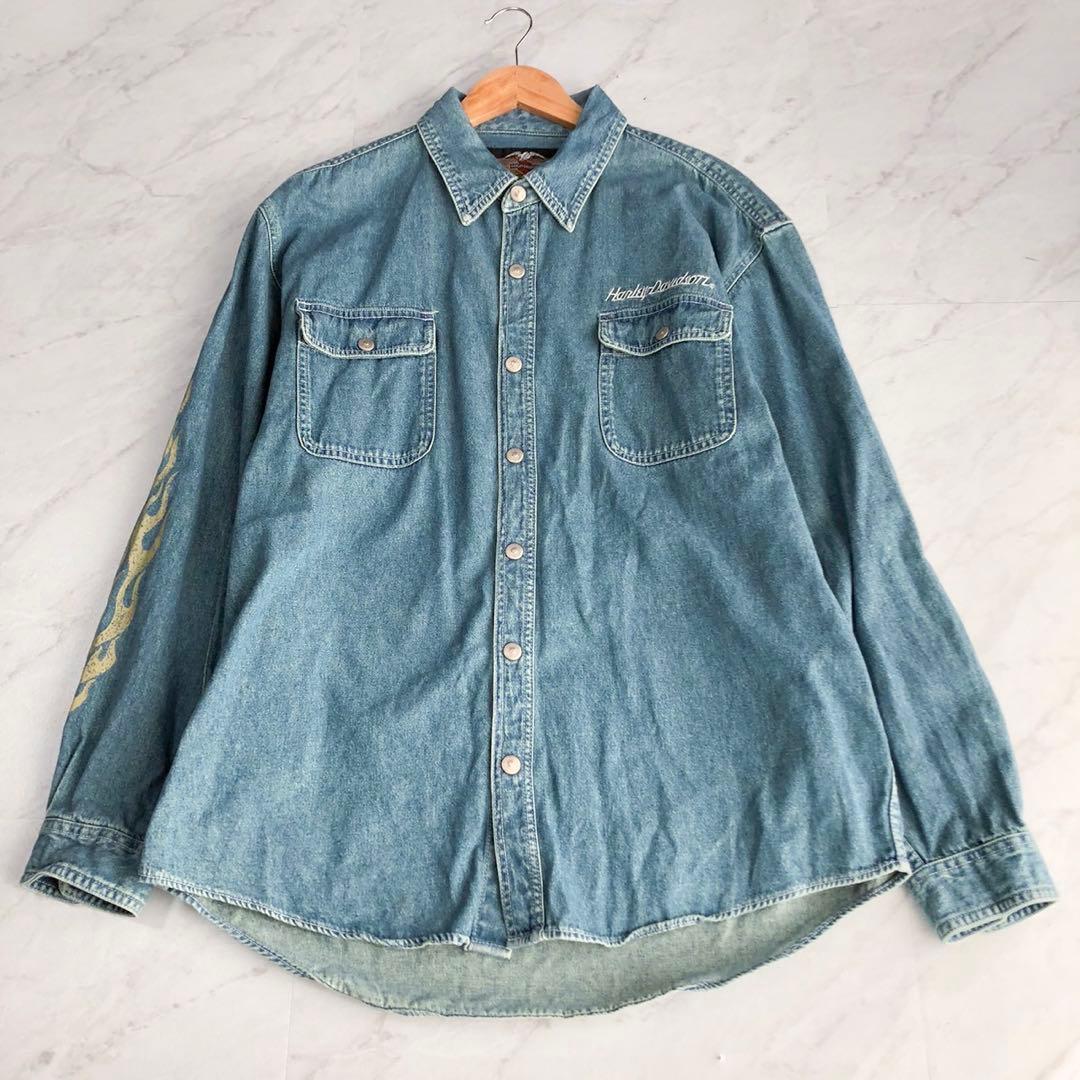 【美品】ハーレーダビットソン デニムシャツ ファイヤーパターン コンチョ LB