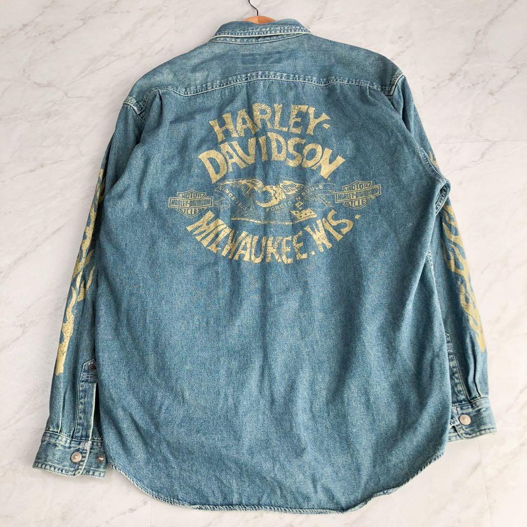 【美品】ハーレーダビットソン デニムシャツ ファイヤーパターン コンチョ LB