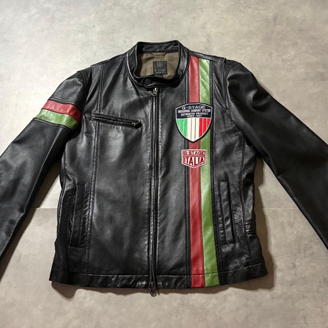 イタリアカラー ワッペン G-STAGE 羊革 短丈 ライダースジャケット L