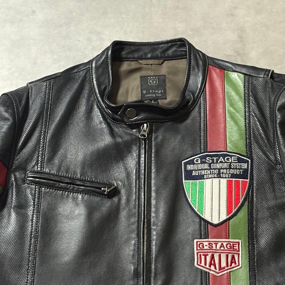 イタリアカラー ワッペン G-STAGE 羊革 短丈 ライダースジャケット L