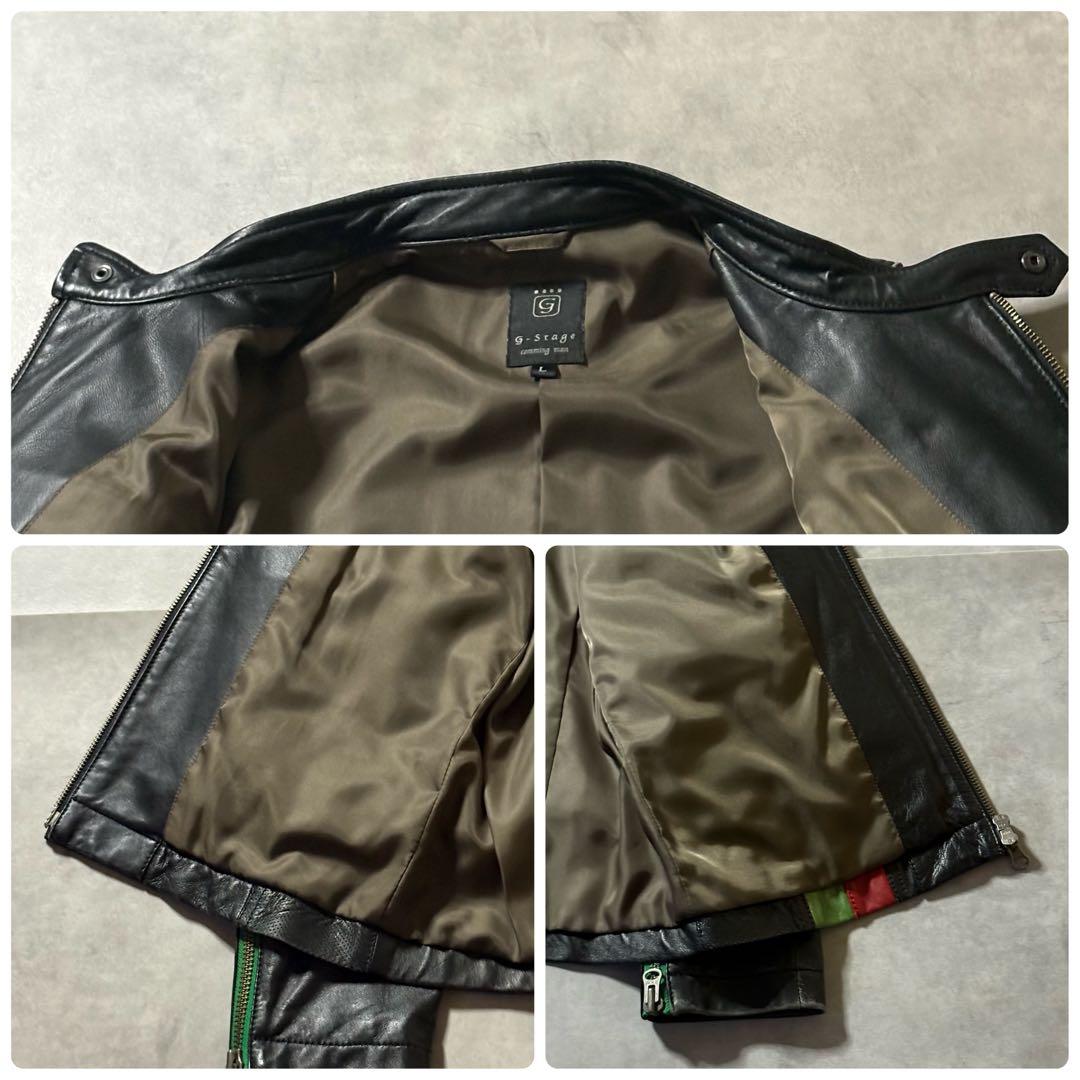 イタリアカラー ワッペン G-STAGE 羊革 短丈 ライダースジャケット L