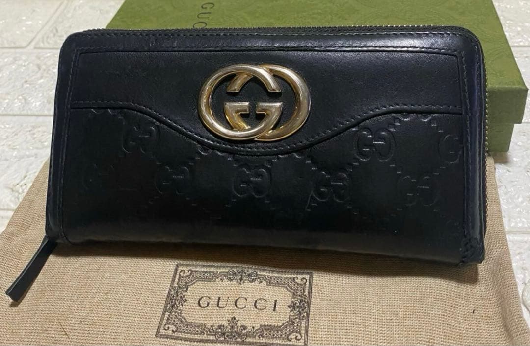GUCCI グッチ ラウンドファスナー 長財布 インターロッキング ブラック