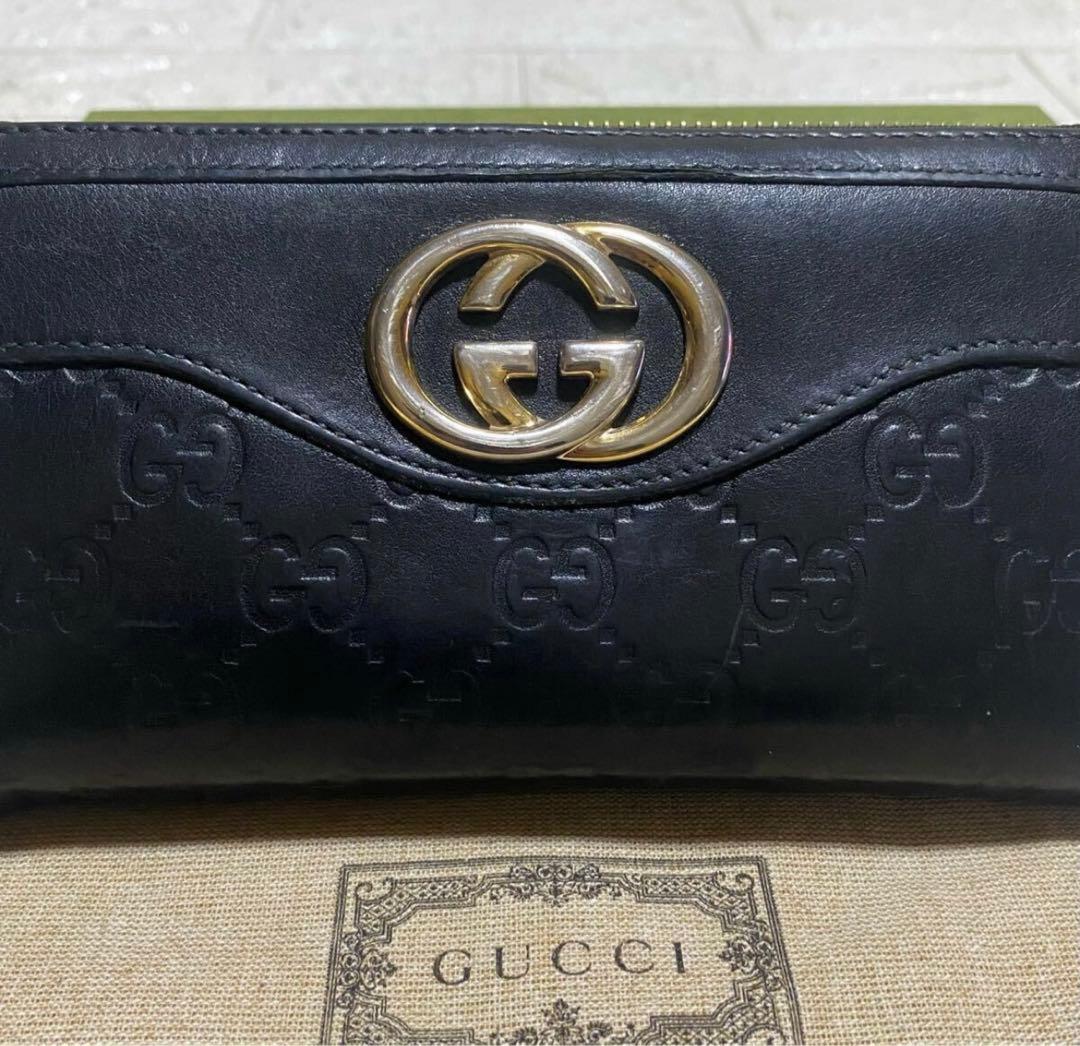 GUCCI グッチ ラウンドファスナー 長財布 インターロッキング ブラック