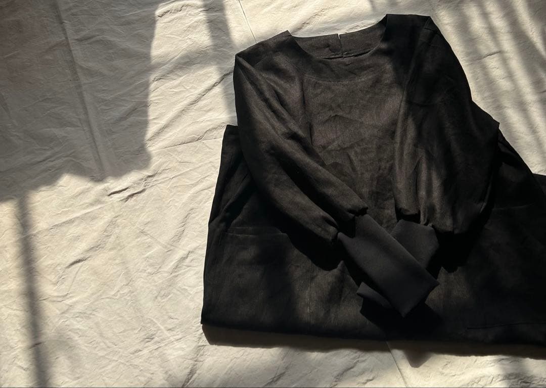 【margeページ】上質linenしなやかしっかりめ＊リブ袖口割烹着ワンピ