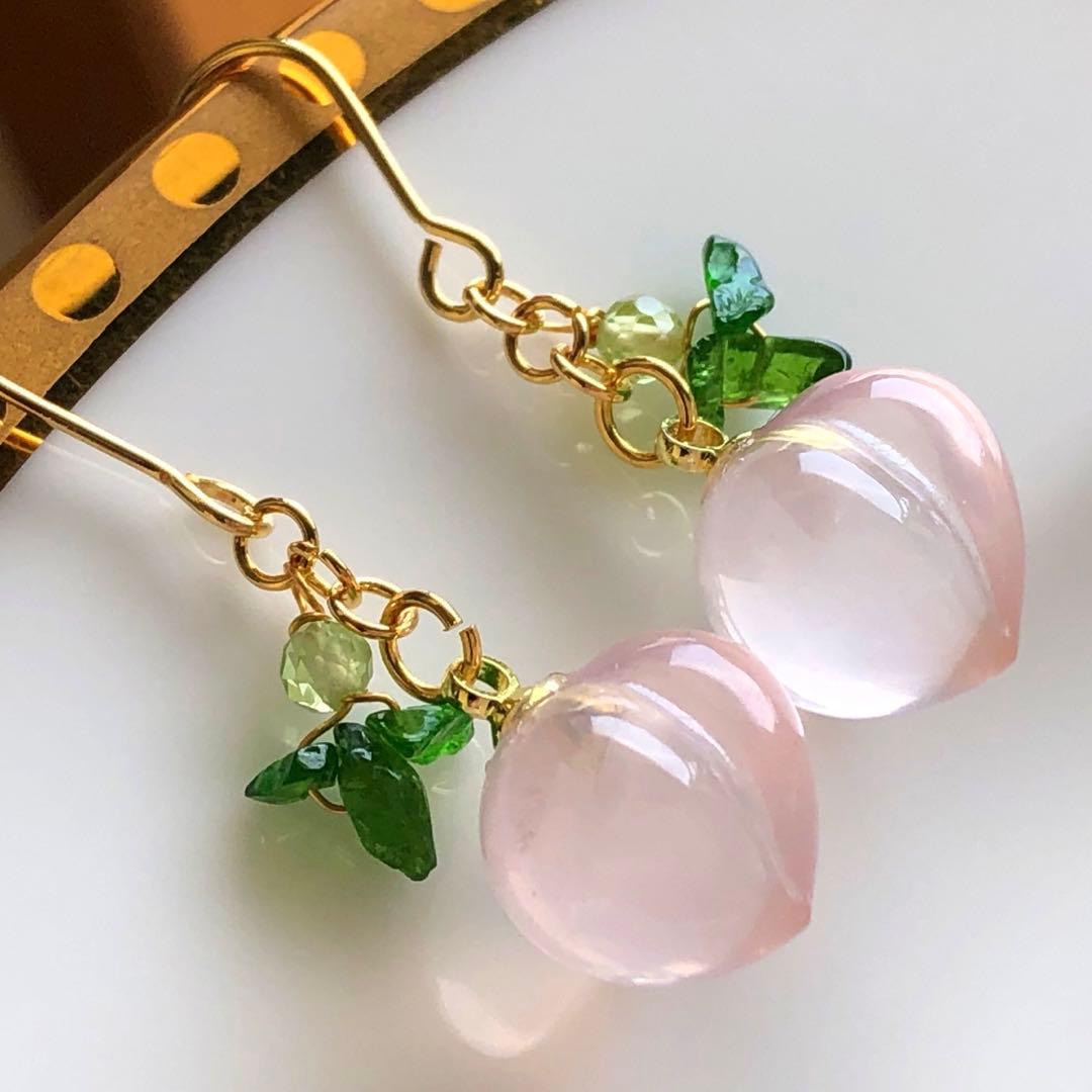 天然石♡もものピアス14kgf