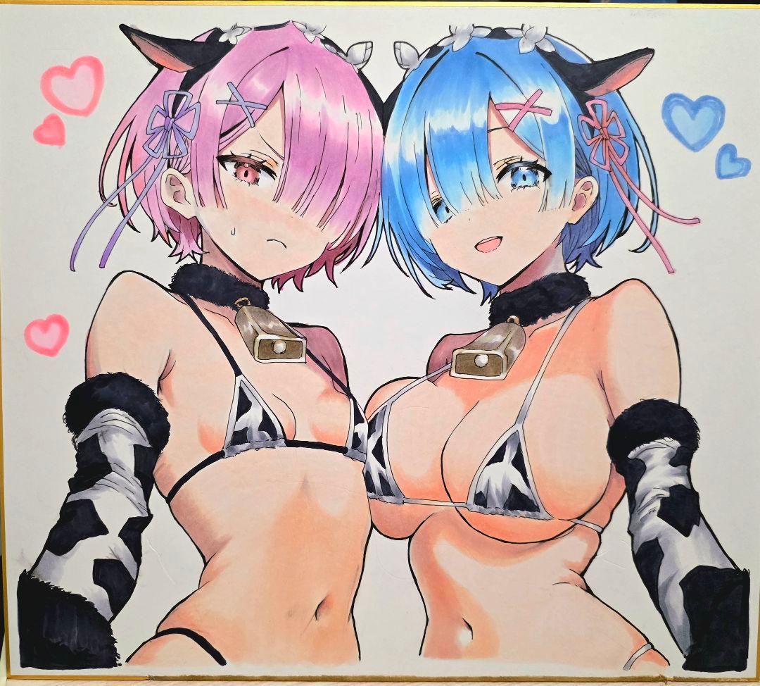 f*X様 【色紙イラスト】リゼロ　レム　ラム　牛柄ビキニコスプレ　イラスト