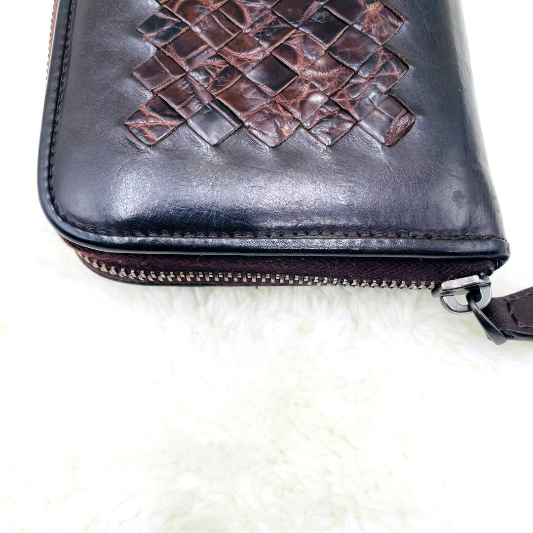 美品 希少 ボッテガヴェネタ 長財布 クロコダイル イントレチャート ブラウン