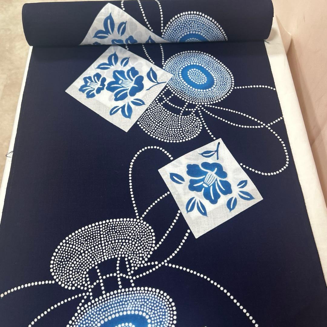 【綿反物】浴衣 紺地 椿と鼓