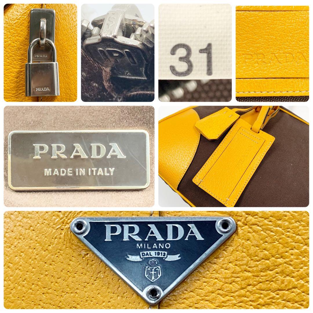 【✨美品✨】プラダ ミニボストンバッグ 三角ロゴ レザー ブラウン イエロー