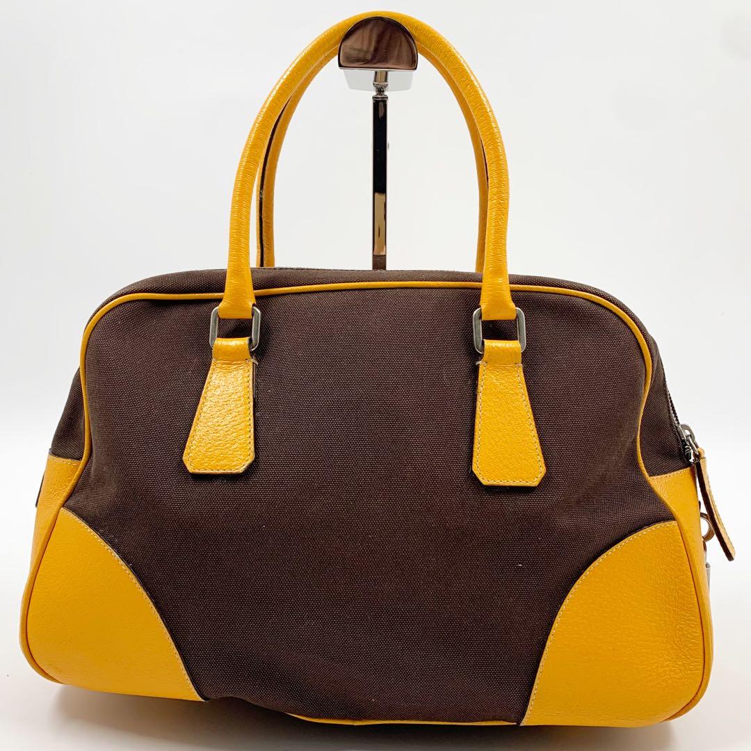 【✨美品✨】プラダ ミニボストンバッグ 三角ロゴ レザー ブラウン イエロー