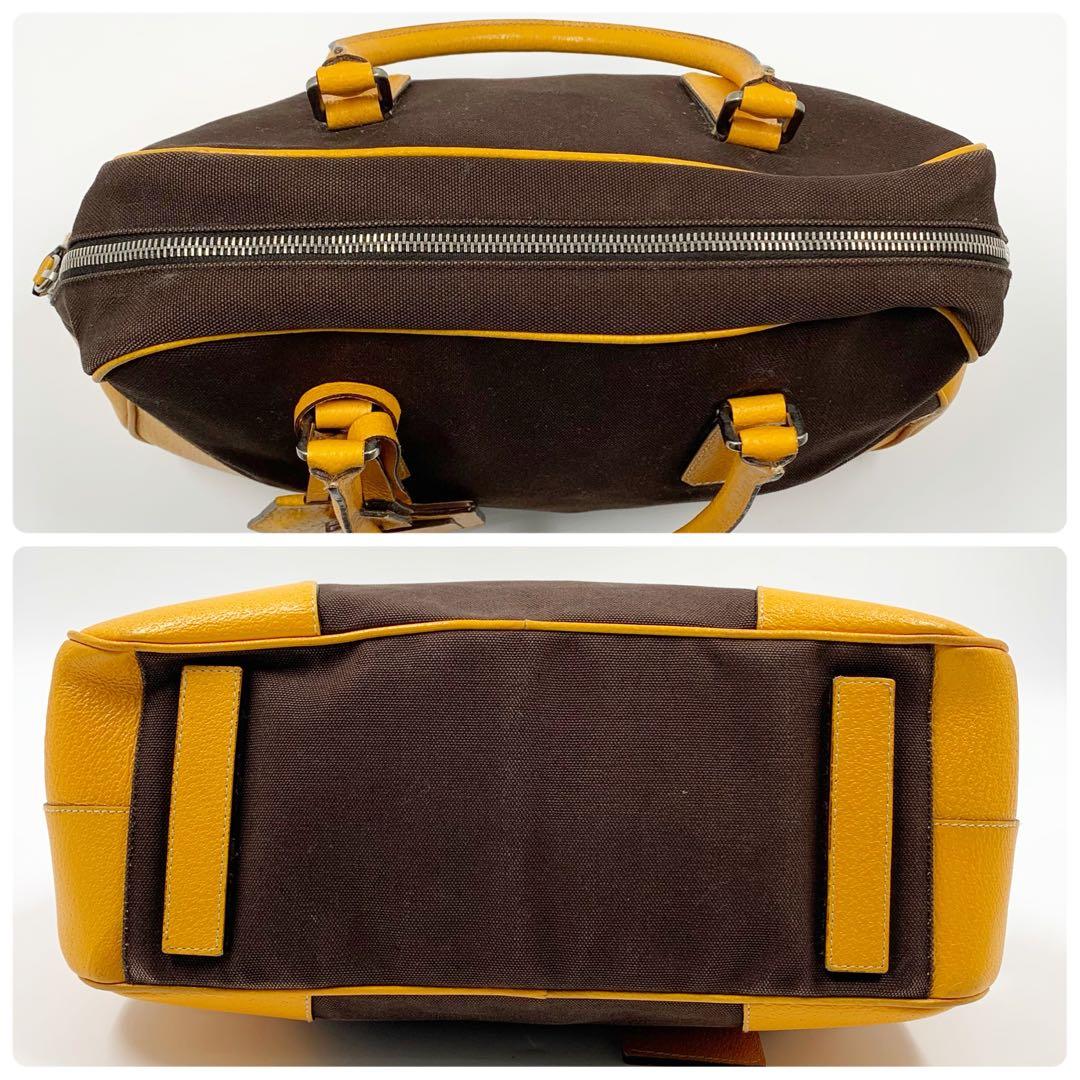 【✨美品✨】プラダ ミニボストンバッグ 三角ロゴ レザー ブラウン イエロー