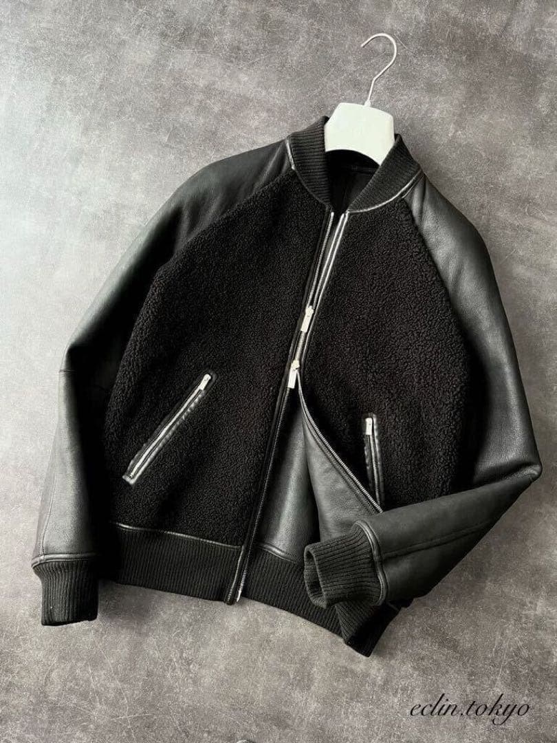 HERMES ムートン切替 リバーシブル！ライダース ブルゾン E4202