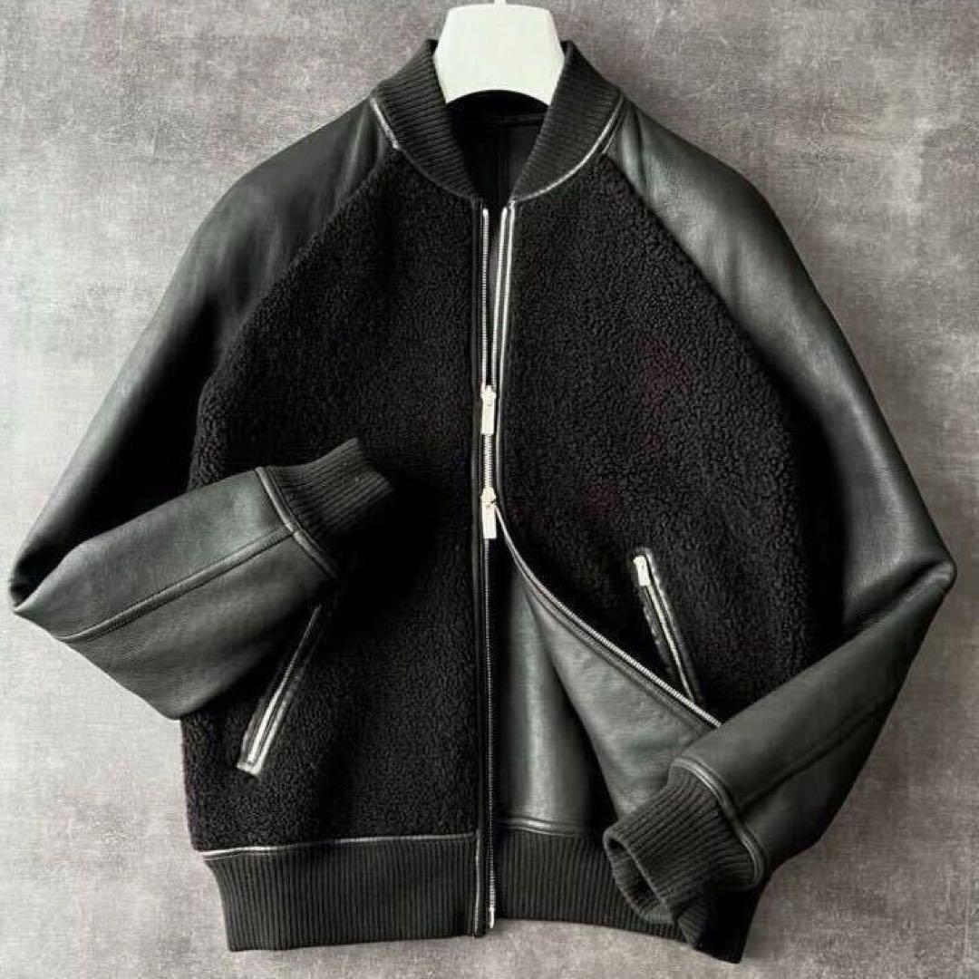 HERMES ムートン切替 リバーシブル！ライダース ブルゾン E4202