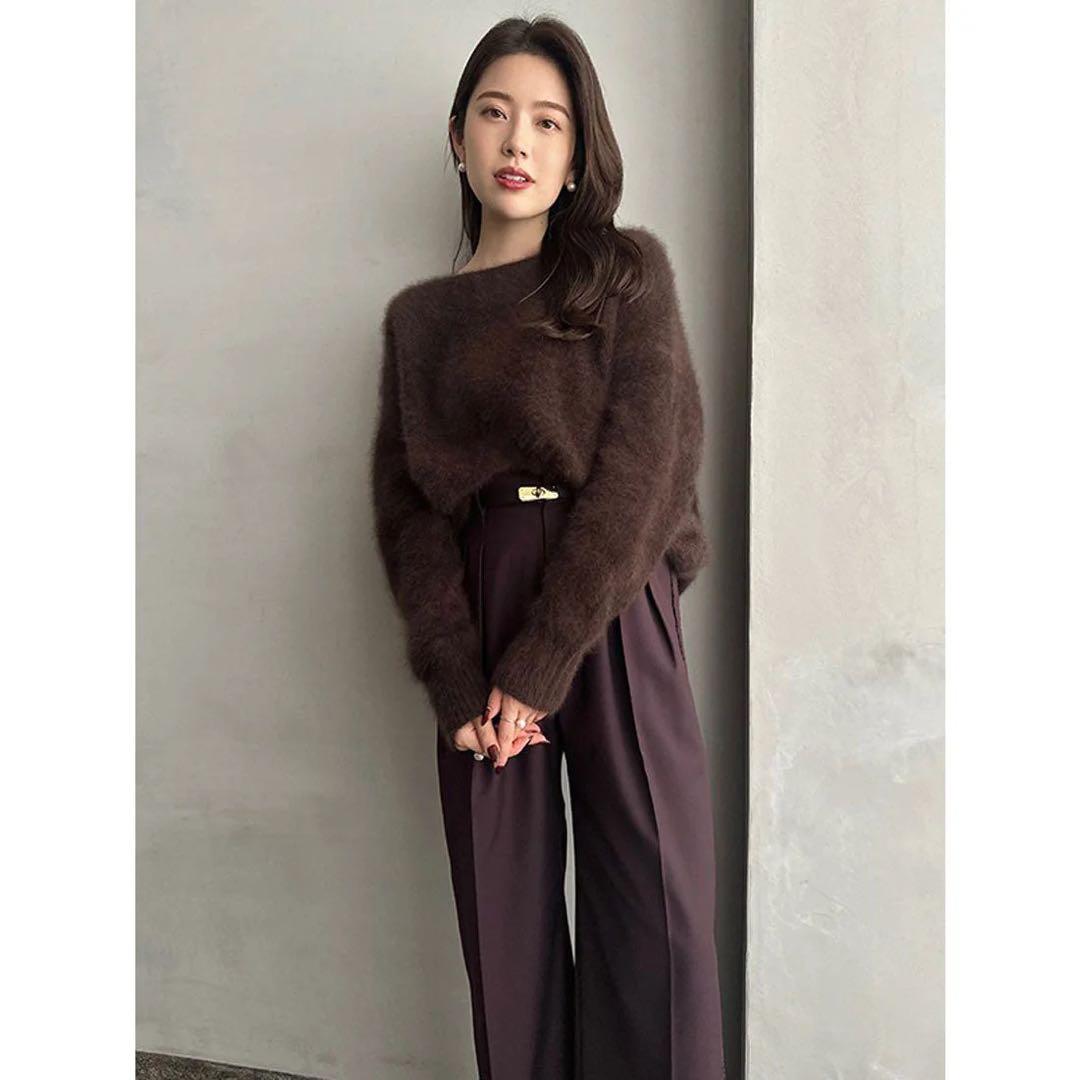 2601069 anuans ラクーンボートネックニットプルオーバー ブラウン