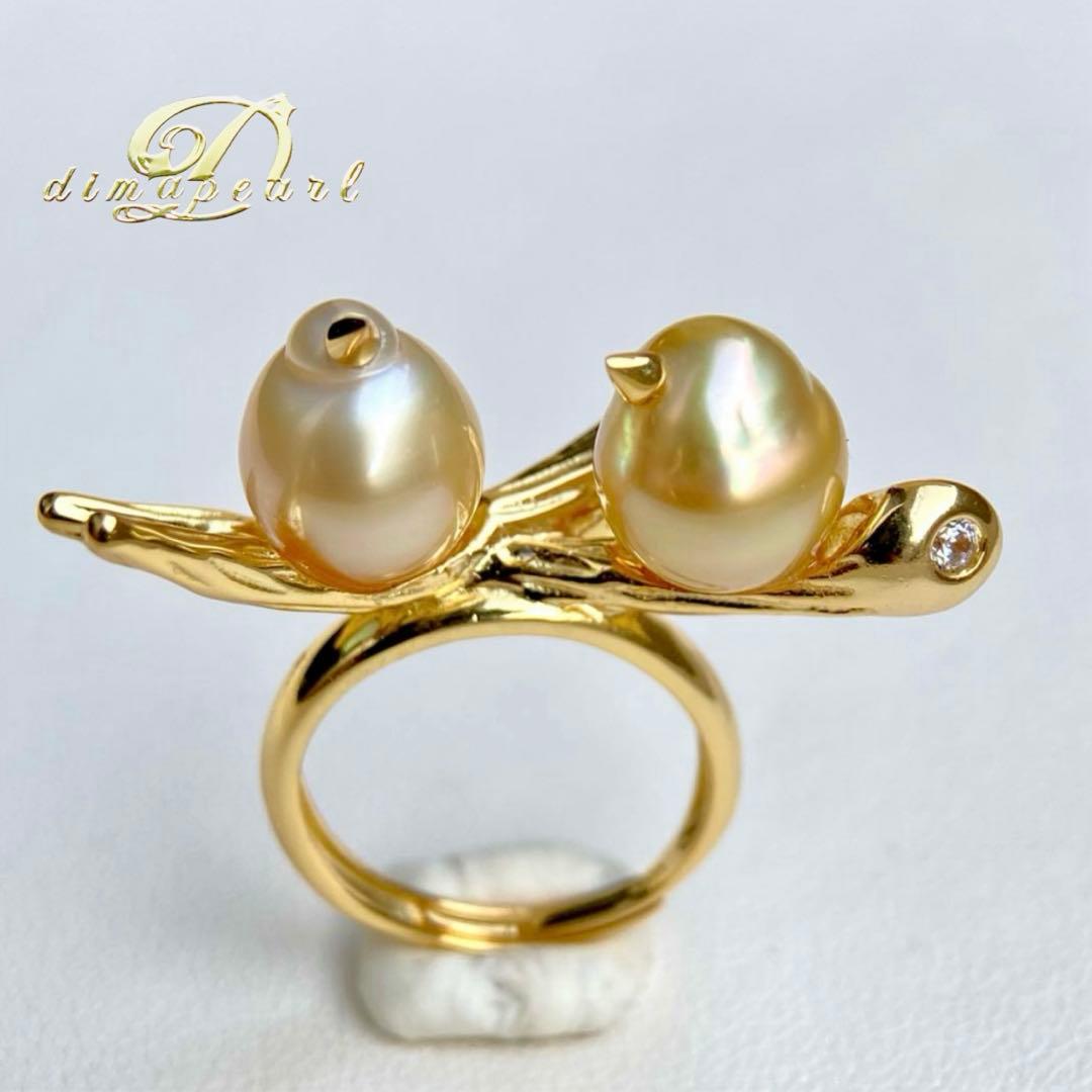 本真珠南洋白蝶真珠ゴールドと茶金「鳥と枝」s925リングY1055