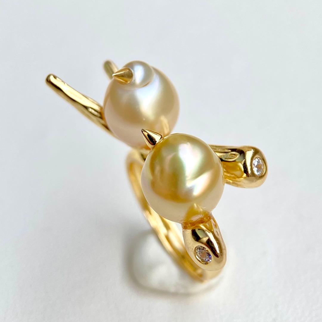 本真珠南洋白蝶真珠ゴールドと茶金「鳥と枝」s925リングY1055