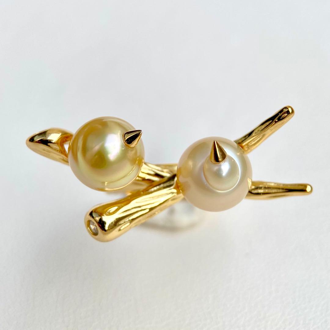 本真珠南洋白蝶真珠ゴールドと茶金「鳥と枝」s925リングY1055